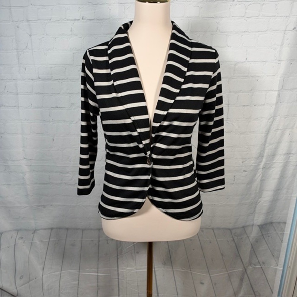 Eyeshadow Black White Stripe Blazer Sheer Floral Lace Back Womens S‎ EUC